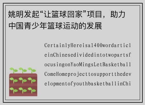姚明发起“让篮球回家”项目，助力中国青少年篮球运动的发展