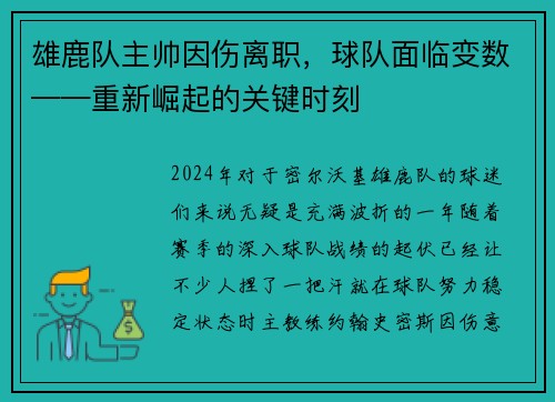 雄鹿队主帅因伤离职，球队面临变数——重新崛起的关键时刻