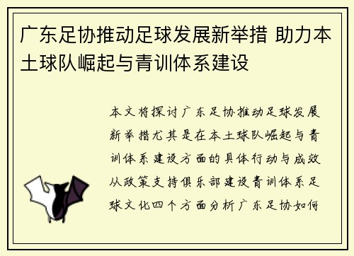 广东足协推动足球发展新举措 助力本土球队崛起与青训体系建设