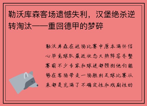 勒沃库森客场遗憾失利，汉堡绝杀逆转淘汰——重回德甲的梦碎