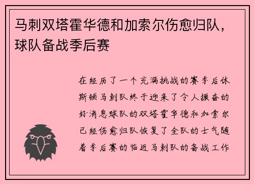 马刺双塔霍华德和加索尔伤愈归队，球队备战季后赛