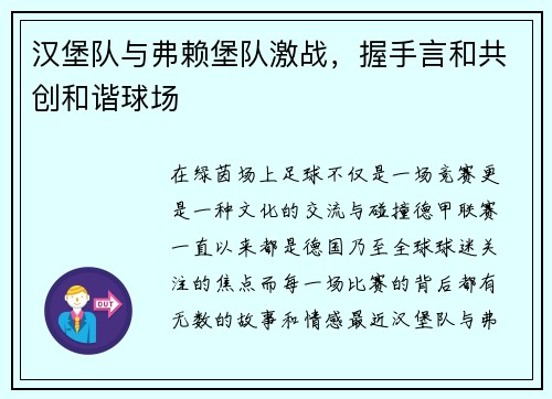 汉堡队与弗赖堡队激战，握手言和共创和谐球场