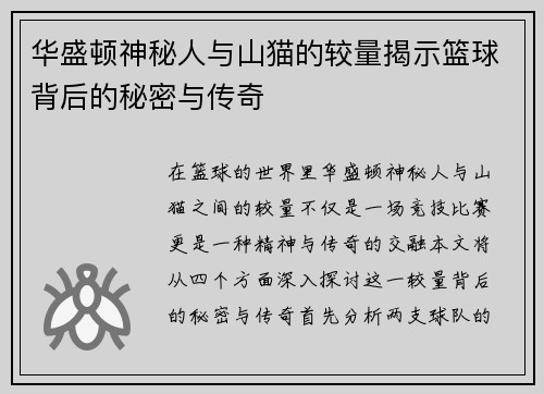 华盛顿神秘人与山猫的较量揭示篮球背后的秘密与传奇