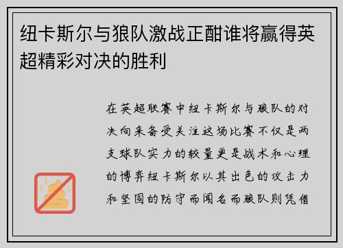 纽卡斯尔与狼队激战正酣谁将赢得英超精彩对决的胜利
