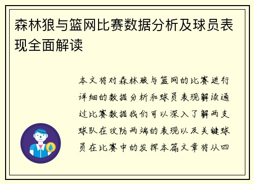 森林狼与篮网比赛数据分析及球员表现全面解读