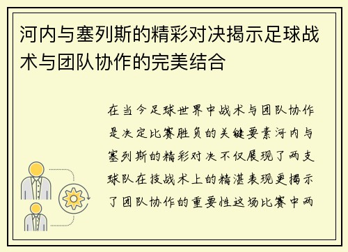 河内与塞列斯的精彩对决揭示足球战术与团队协作的完美结合
