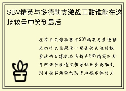 SBV精英与多德勒支激战正酣谁能在这场较量中笑到最后