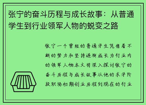 张宁的奋斗历程与成长故事：从普通学生到行业领军人物的蜕变之路