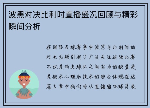 波黑对决比利时直播盛况回顾与精彩瞬间分析
