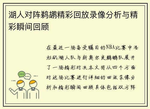 湖人对阵鹈鹕精彩回放录像分析与精彩瞬间回顾