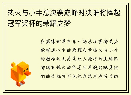 热火与小牛总决赛巅峰对决谁将捧起冠军奖杯的荣耀之梦