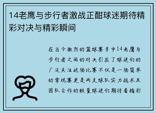 14老鹰与步行者激战正酣球迷期待精彩对决与精彩瞬间