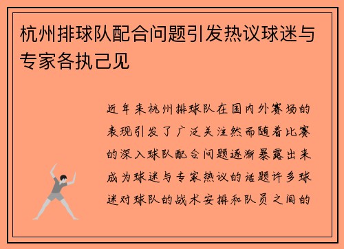 杭州排球队配合问题引发热议球迷与专家各执己见