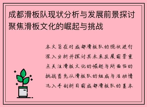 成都滑板队现状分析与发展前景探讨聚焦滑板文化的崛起与挑战